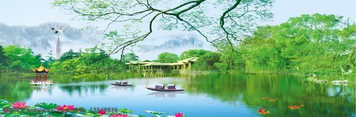 宽幅 湖泊 风景 分层 模板 荷花 湖泊图片素材 树枝 湖心岛 渔舟 免费 psd源文件