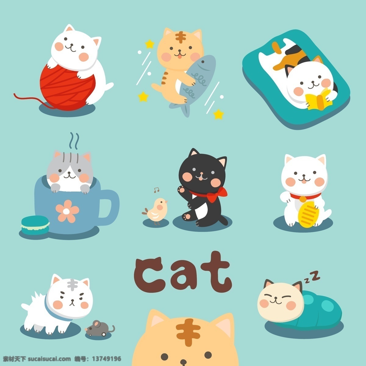 卡通猫 可爱猫咪 日韩小猫咪 形象猫 发财猫 猫咪 小猫 招财猫 扁平化 时尚个性 插画 手绘 矢量图