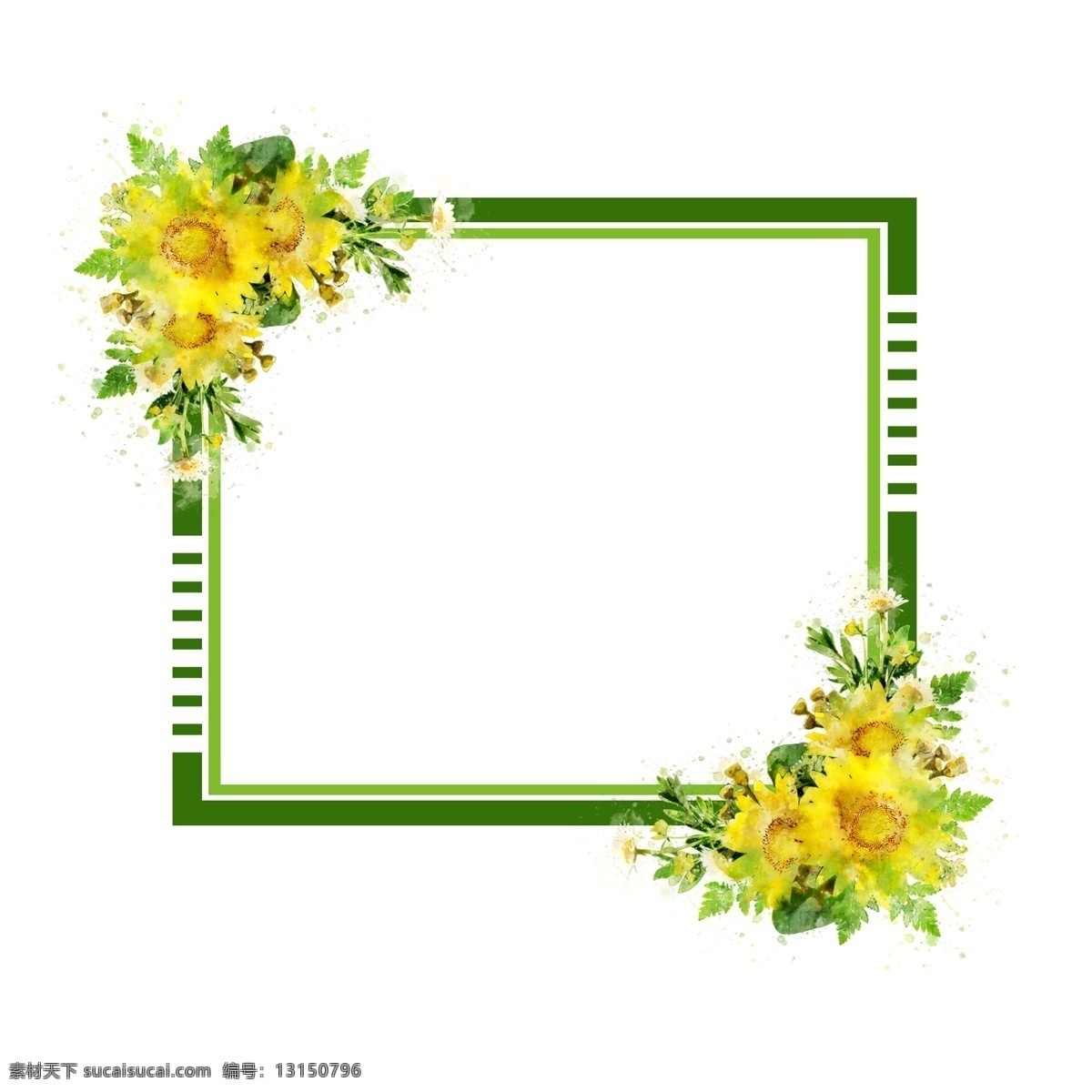 手绘 鲜花 向日葵 方形 水彩 边框 元素 绿色 原创 植物边框 手绘边框 方形边框