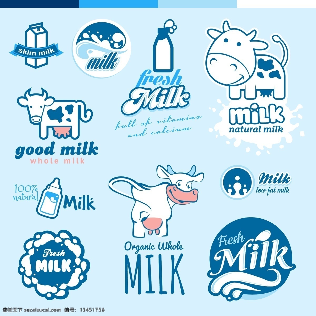 食物包装贴纸 牛奶标志 牛奶饮料图标 食品包装标签 矢量标签 矢量标贴 徽标徽章标帖 标志图标 矢量素材 白色
