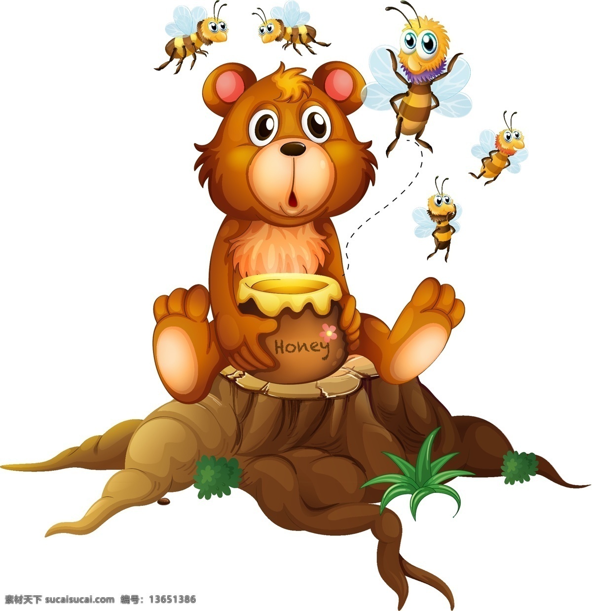 手绘 小 熊 蜂蜜 元素 卡通 树桩 可爱 小熊 蜜蜂 矢量