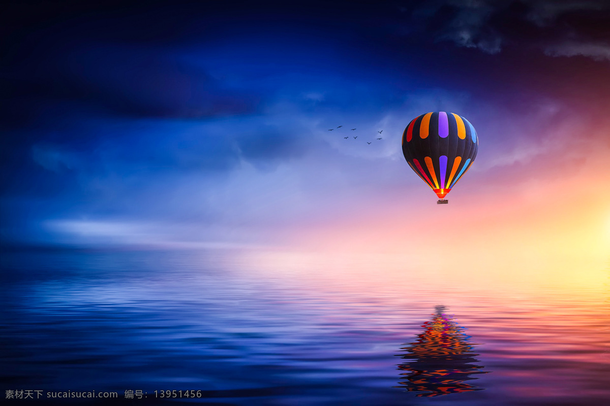 海面升热气球 海面 热气球 波澜壮阔 鸟 大雁 朦胧 自然景观 自然风景