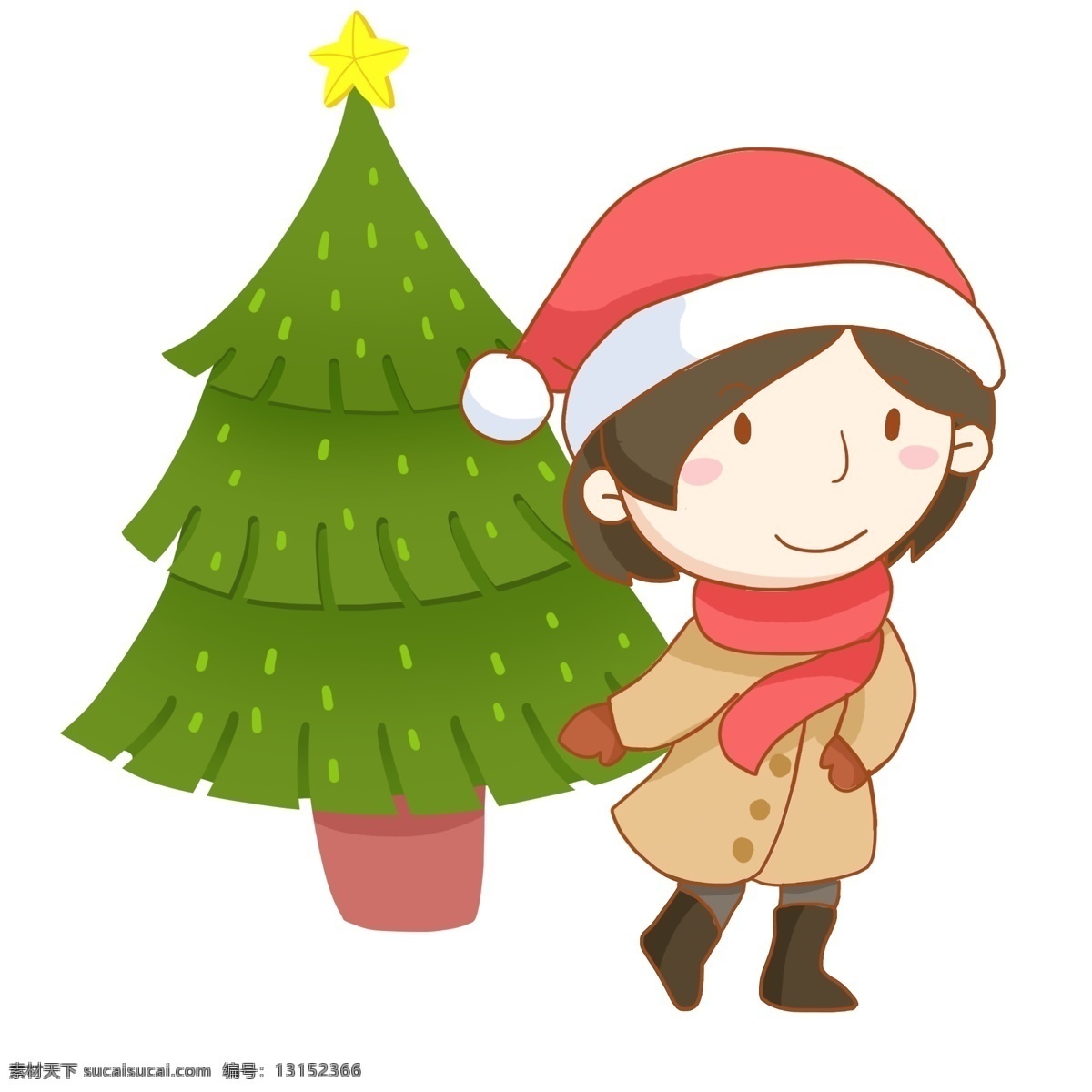 圣诞节 女孩 圣诞树 免 抠 圣诞夜 圣诞帽 风衣 围巾 保暖 行走 走路 原创手绘 开心 愉快