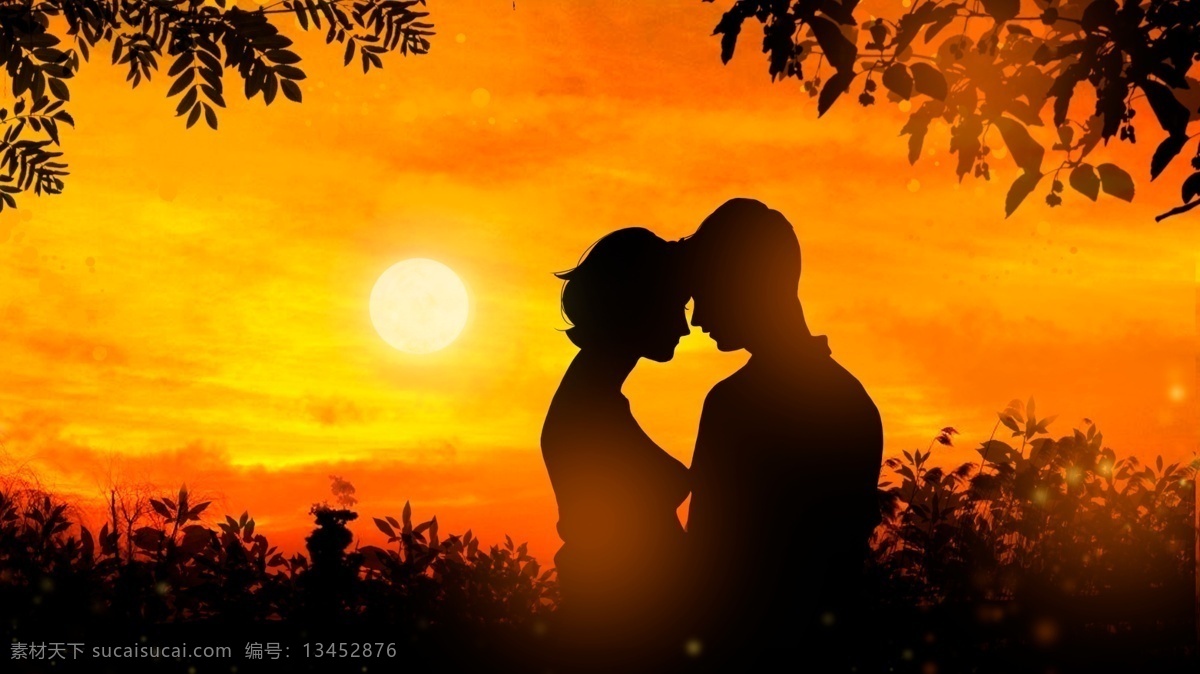 浪漫 清新 黄昏 夕阳 下 情侣 剪影 落日 恋爱