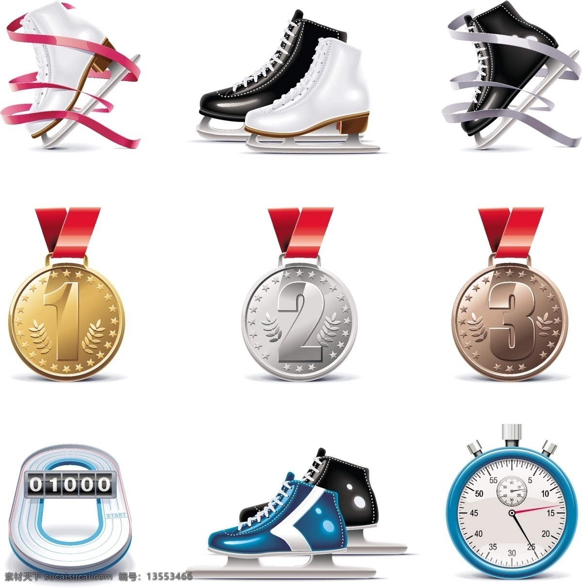 奖牌 溜冰鞋图标 金牌 银牌 铜牌 溜冰鞋 第一名 第二名 第三名 冠军 亚军 秒表 计数器 季军 标志 标识 立体图标 logo 图标 矢量