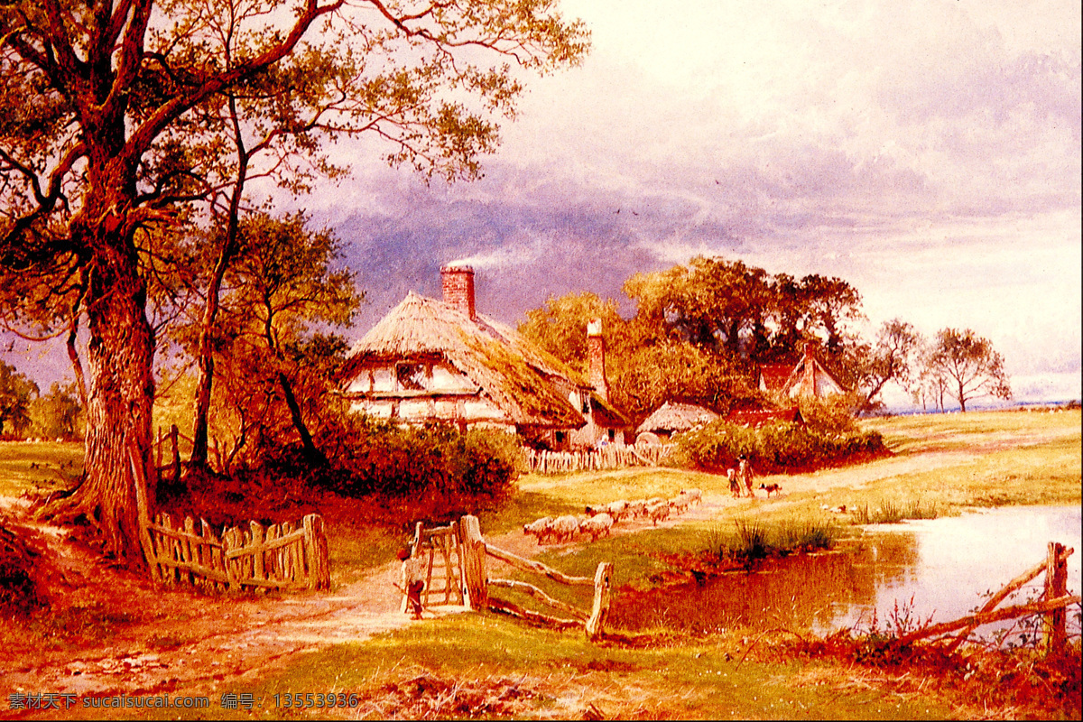 儿童 风景 风景油画 绘画书法 欧式油画 墙画 设计图库 室内装饰画 现代油画 意境 天空 小溪 树 放羊 相框 装饰画 会议室挂画 文化艺术 装饰素材