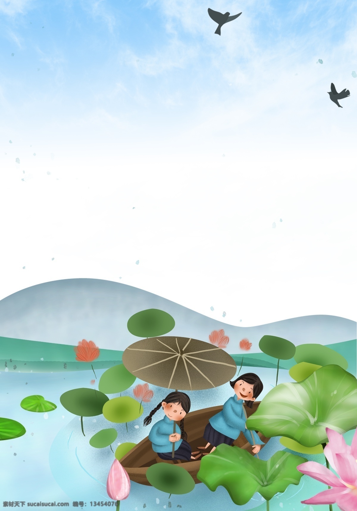 清新 绿色 夏季 荷塘 划船 背景 活力 孩子们划船 夏天