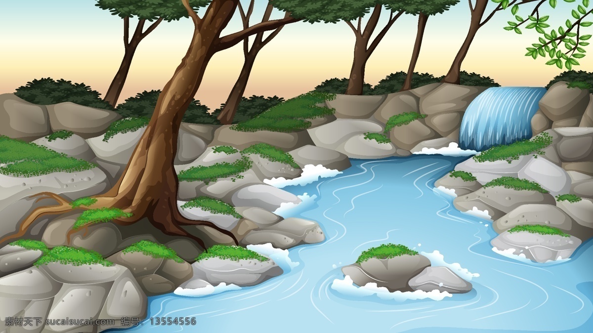 手绘 山林 小河 插画 背景 树林 清新背景 banner 广告背景 海报背景 童年 插画背景 彩绘背景