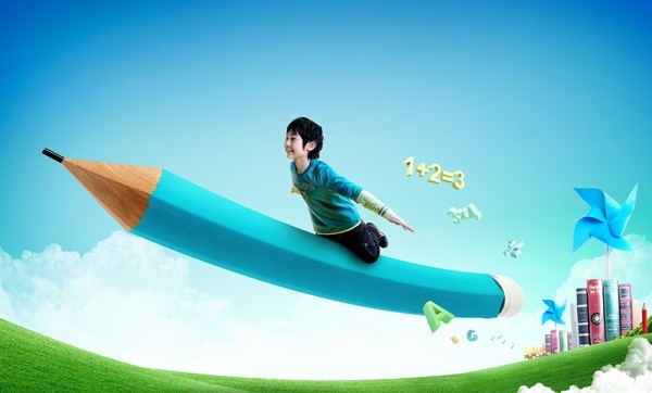 铅笔 飞 儿童 飞翔 教育 蓝天 风车 人物 分层 源文件