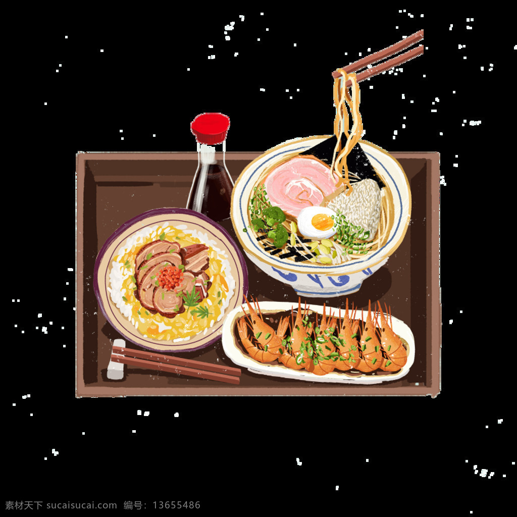 清新 手绘 拉面 日式 料理 美食 装饰 元素 方形盘子 美食元素 日式料理 日式美食 炸虾 装饰元素