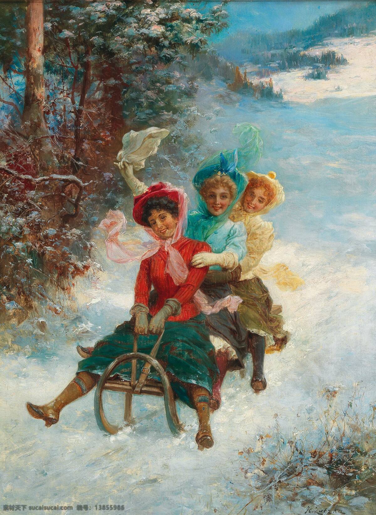 汉斯183 查兹卡作品 奥地利画家 滑雪 冬天 三个年轻姑娘 山坡 顺势而下 19世纪油画 油画 文化艺术 绘画书法
