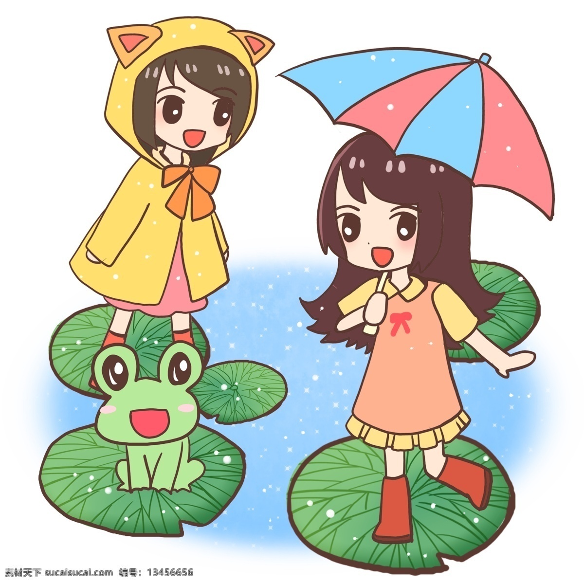夏日 雨天 走 荷叶 上 夏天 夏季 池塘 青蛙 雨衣 雨伞 女孩子 朋友 凉爽 裙子 降暑 玩耍 童趣 避暑 降温