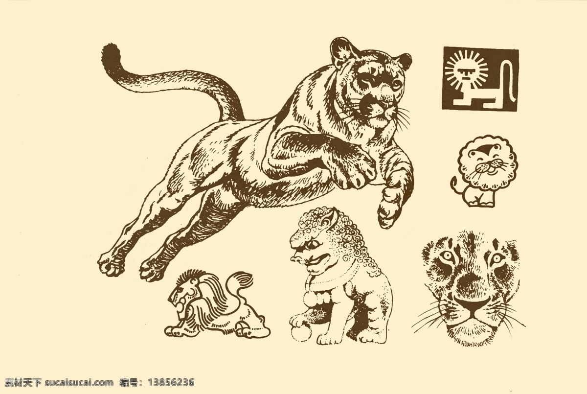动物图案 狮子 卡通 动物 纹样 图案 白描 简笔画 儿童画 野兽 野生动物 分层 源文件