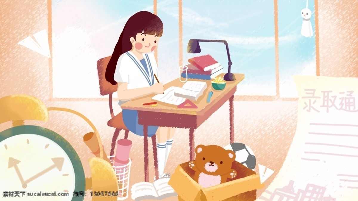 高考 女孩 学生 窗前 复习 考试 小 清新 插画 小清新 大学 高中 学习