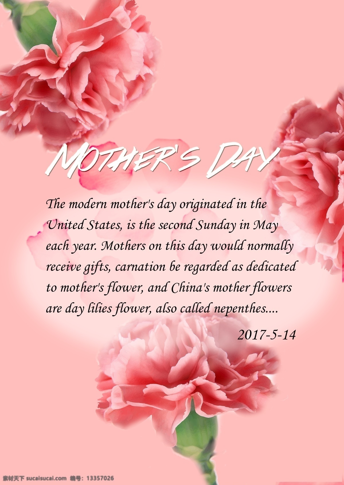 母亲节 康乃馨 英文海报设计 mothers day 粉色 简约海报
