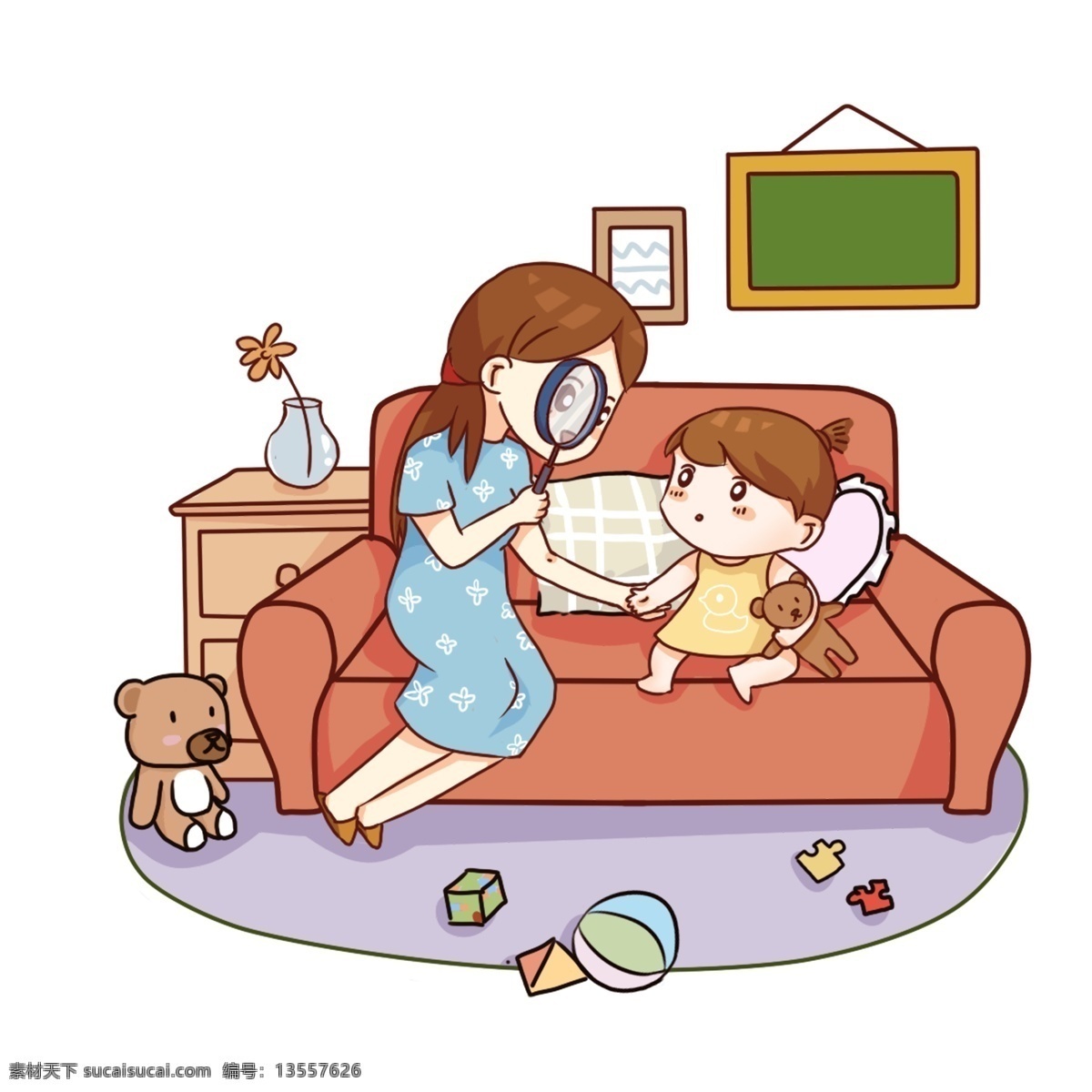 手绘 卡通 妈妈 小朋友 做 游戏 母亲节 六一儿童节 互动游戏 母女交流 可爱娃娃 室内