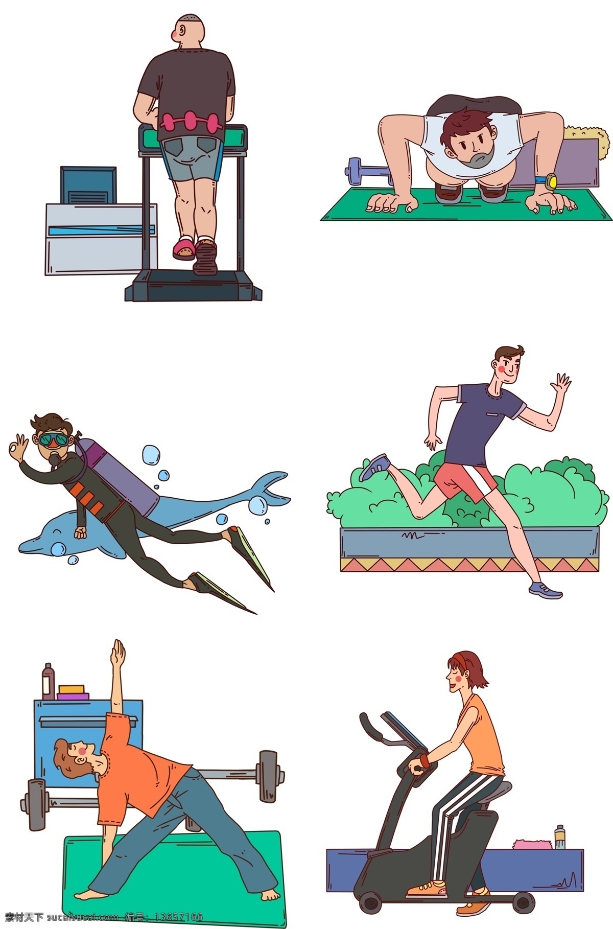 健身 人物 合集 插画 跑步健身 绿色的植物 绿色的垫子 游泳健身 手绘 黑色 健身器材
