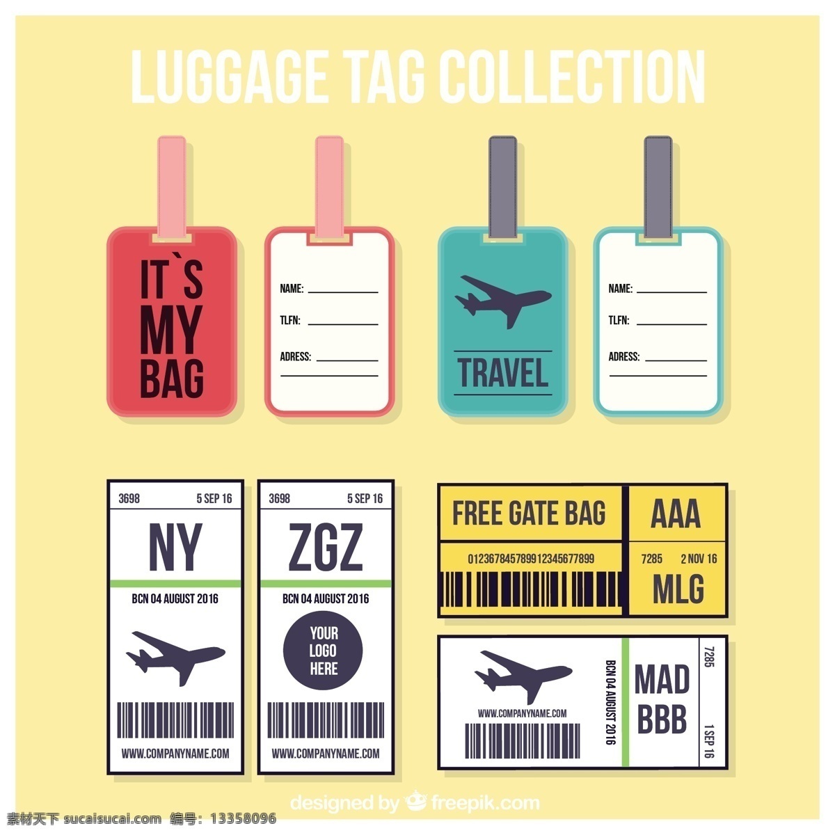 平面设计 中 旅行 标签 收集 旅游 贴纸 世界 机票 飞机 平面 度假 条码 假期 手提箱 行李