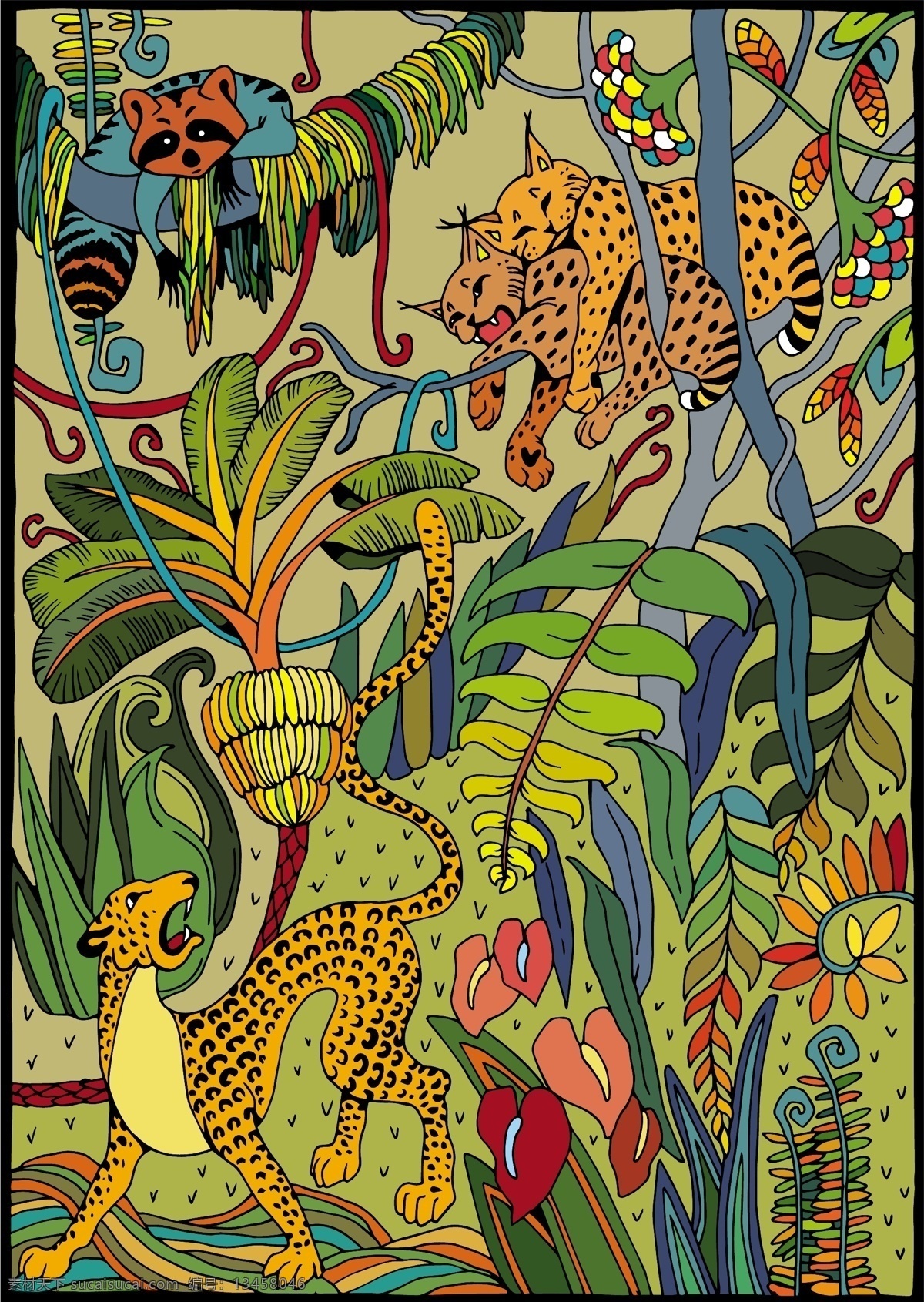 热带雨林 动物 印花 布匹 图案 豹 热带植物 狐 狸 雨林 布匹图案 童装矢量图案 生物世界 野生动物