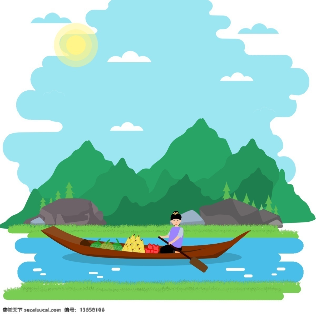 卡 通水 市场 泰国 船 水果 划船 风景