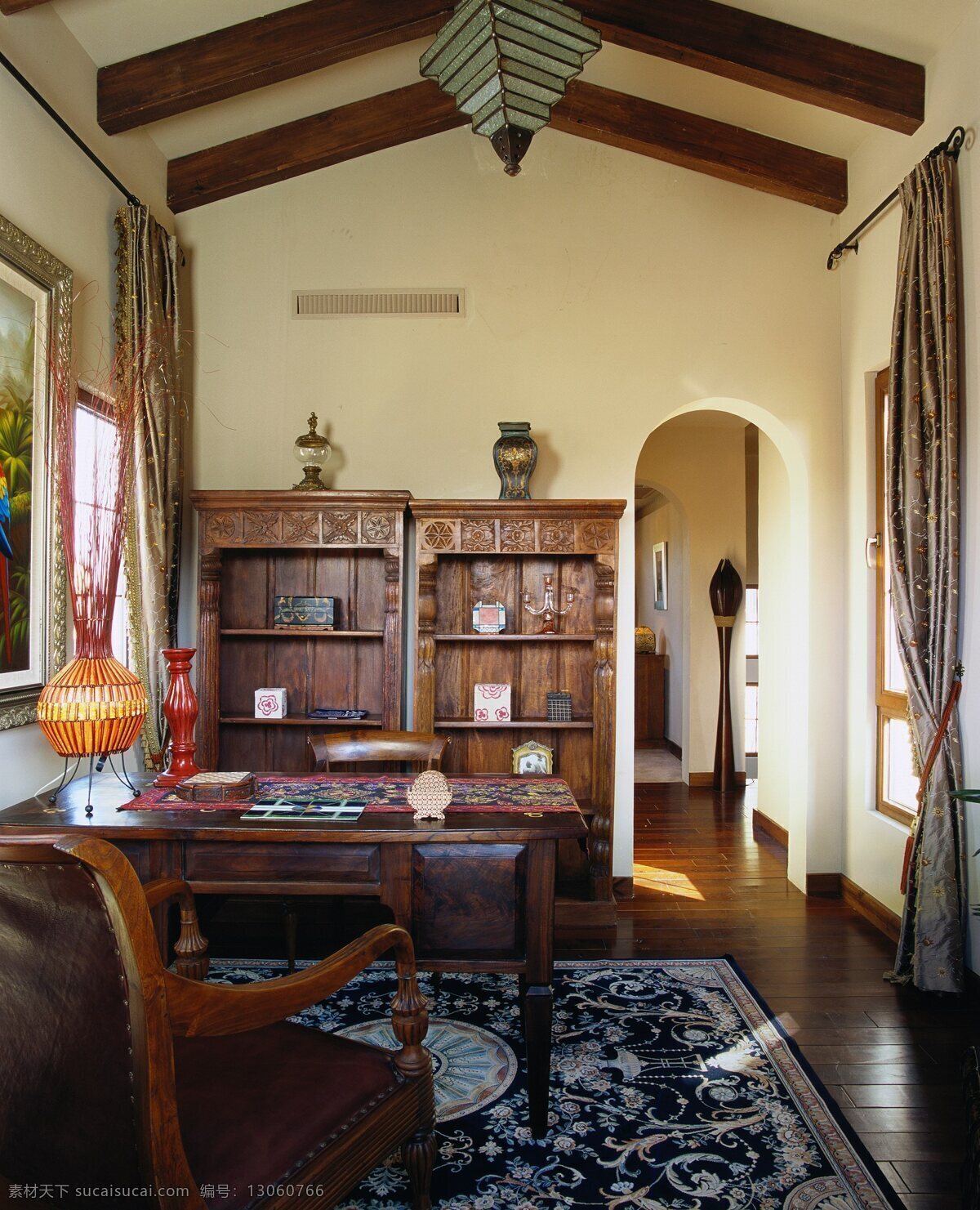 创意 传统 复古 美式 书房 装修 效果图 创意摆件 吊灯 木制书桌 室内装修 印花地毯