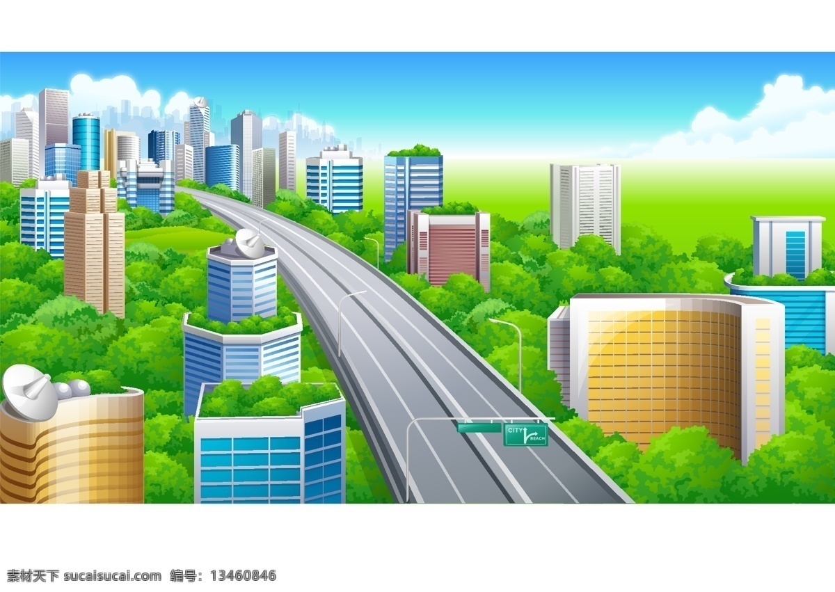 卡通 风景 矢量 背景 草地 动漫素材 高楼 桥 矢量素材 树 矢量图 其他矢量图