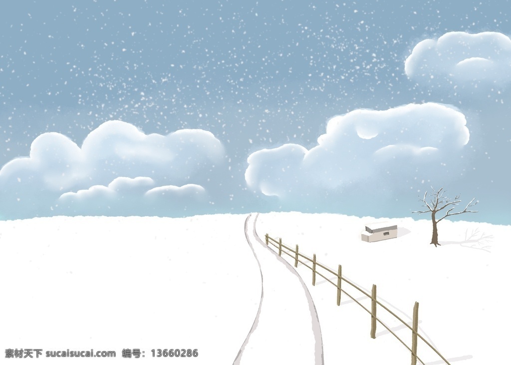 雪地 下雪 雪 天空 唯美海报素材 白云 蓝天 冬季 冬天 手绘雪景 手绘雪地 手绘下雪天