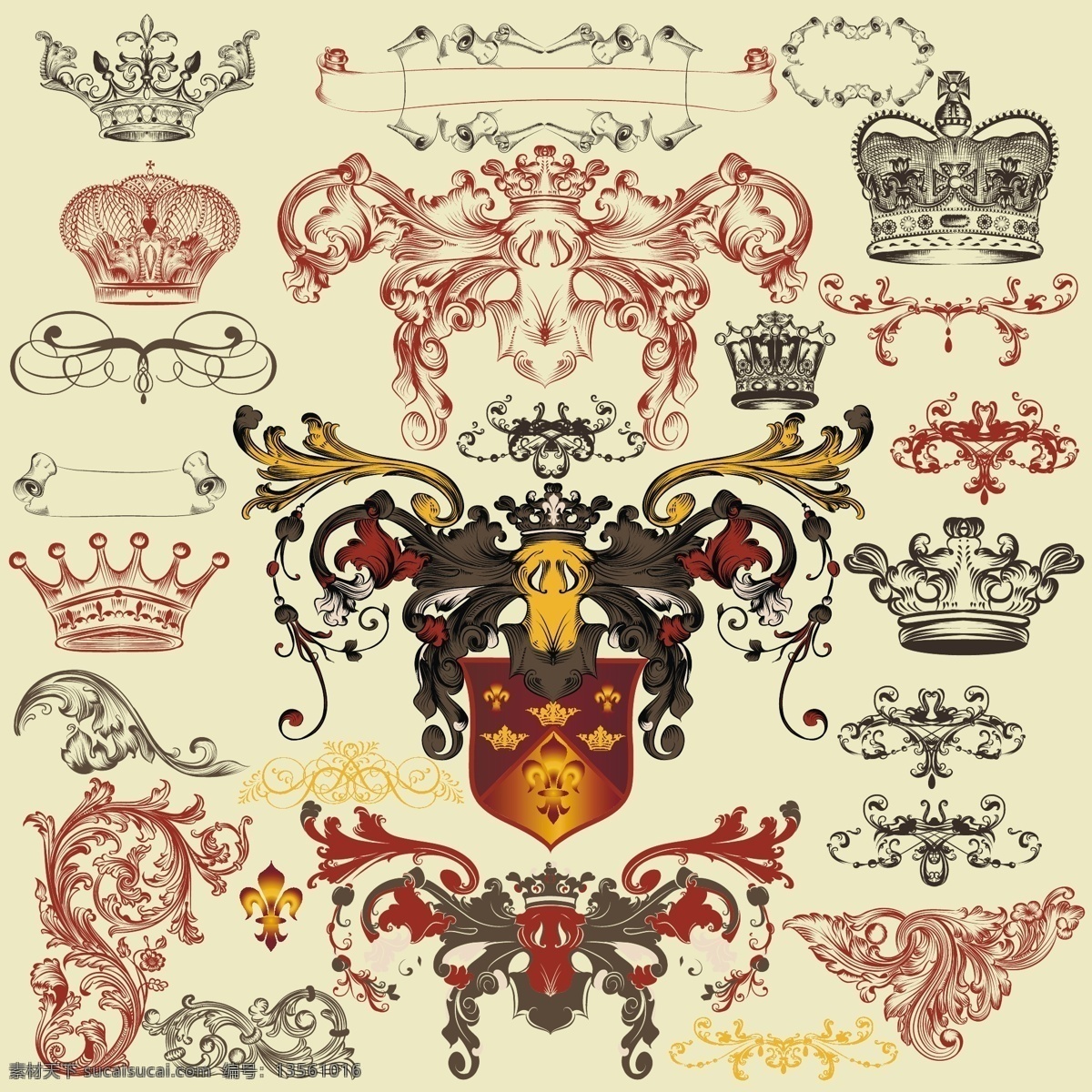 纹章 元素 集合 采购产品标签 手 徽章 皇冠 手绘 盾牌 安全 装饰 绘画 十字架 皇家 符号 经典 佳洁士