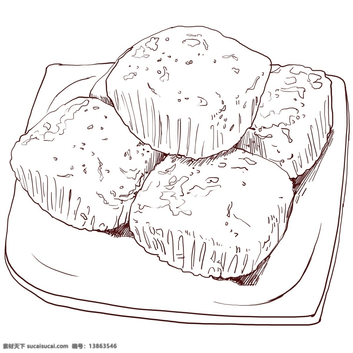 手绘 线描 面包 插画 线描美食 线描食物 插图 线描面包插画 线描面包 一盘面包 美食插图