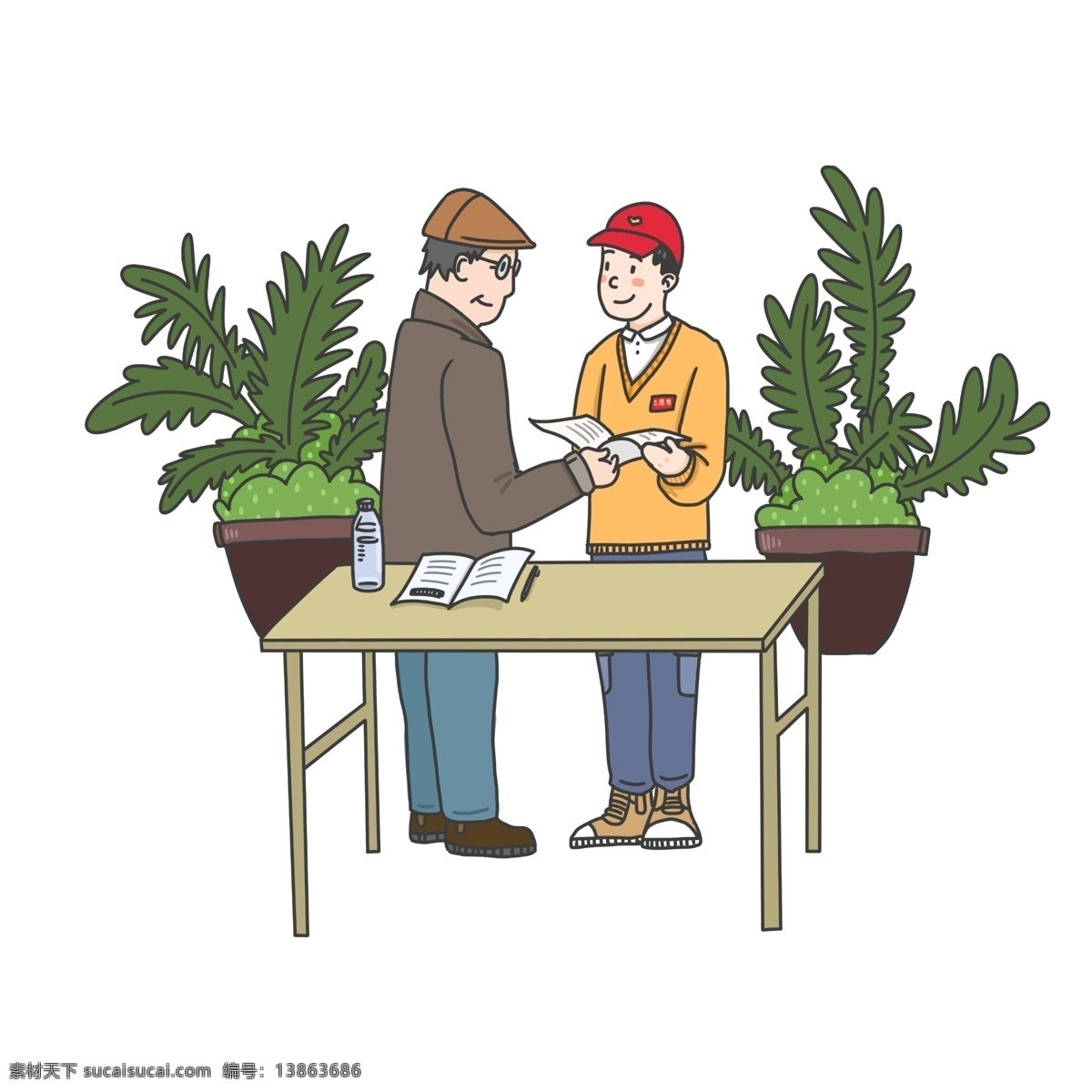 社区服务 志愿者 教 老人 学习 公益活动 小红帽 社区志愿者 桌子 花盆 志愿者服务 教老人学习