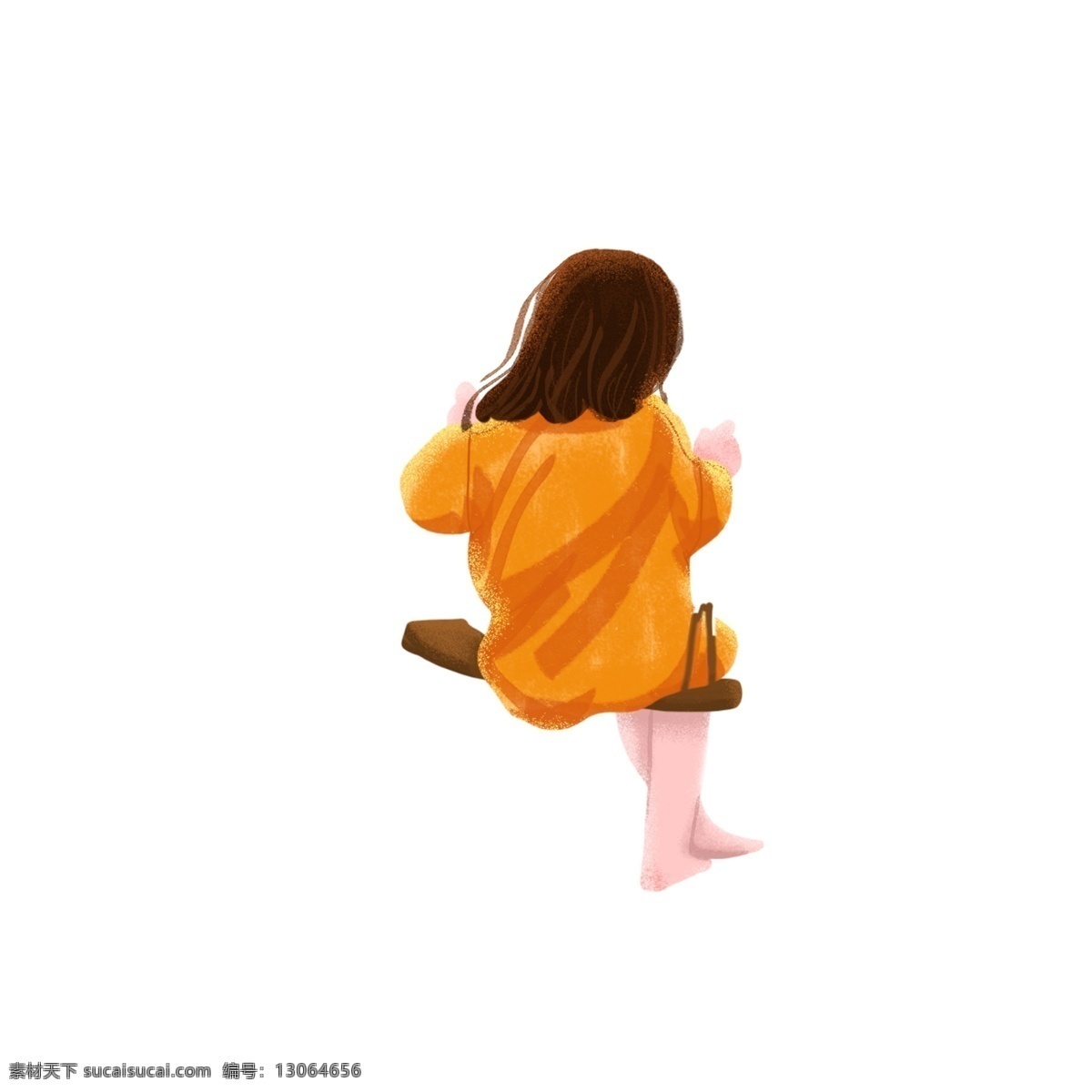 手绘 可爱 坐在 木板 上 女孩 卡通 女孩子 插画 人物 背影 少女