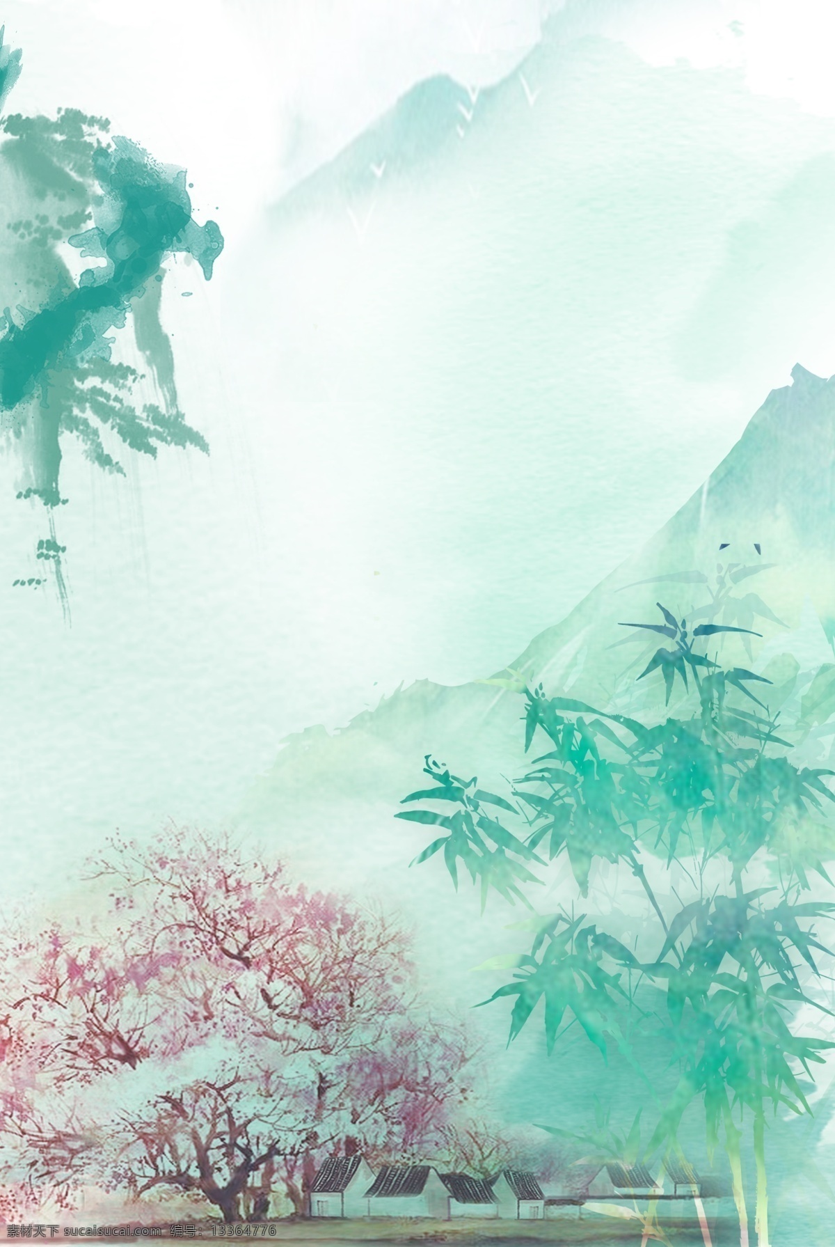 绿色 古风 历史 风格 漫画 山水 模板 中国风 景观 环境 水墨
