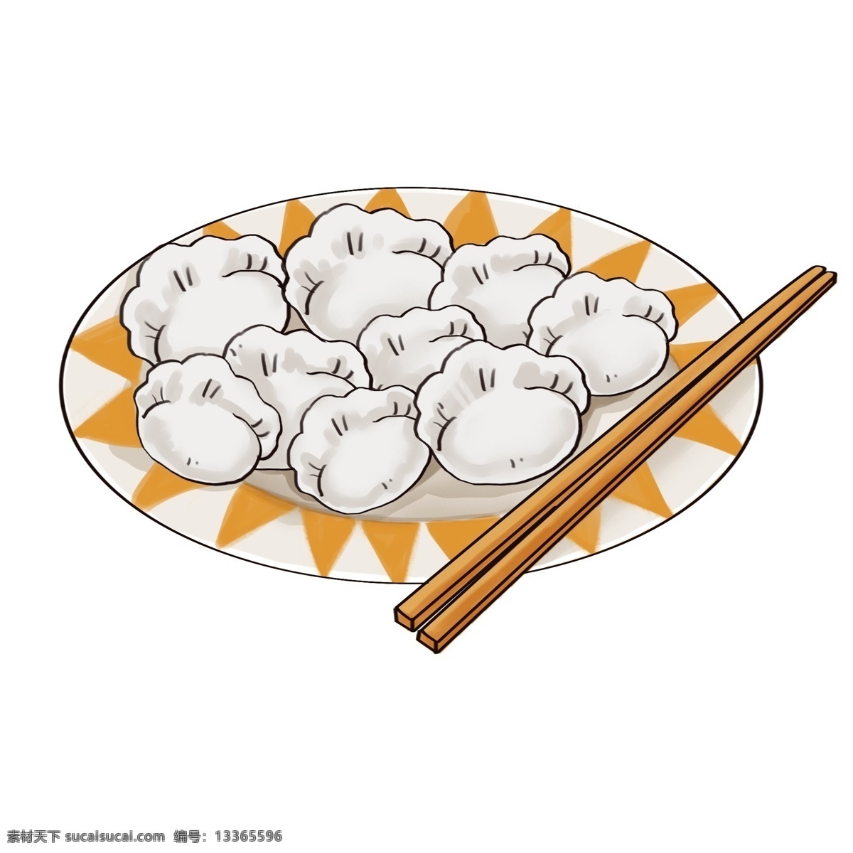 手绘 美食 饺子 插画 盘子 黄筷子 白色 美味