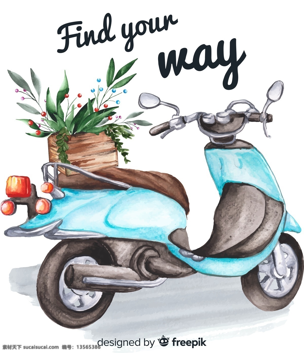 彩绘蓝色 摩托车和花篮 矢量素材 隽语 励志 彩绘 蓝色 摩托车 花篮 花卉 浆果 树叶 矢量图 ai格式