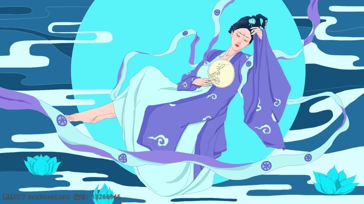 中国 风 美女 飘逸 腰带 仙境 插画 中国风 月亮 七夕 汉服