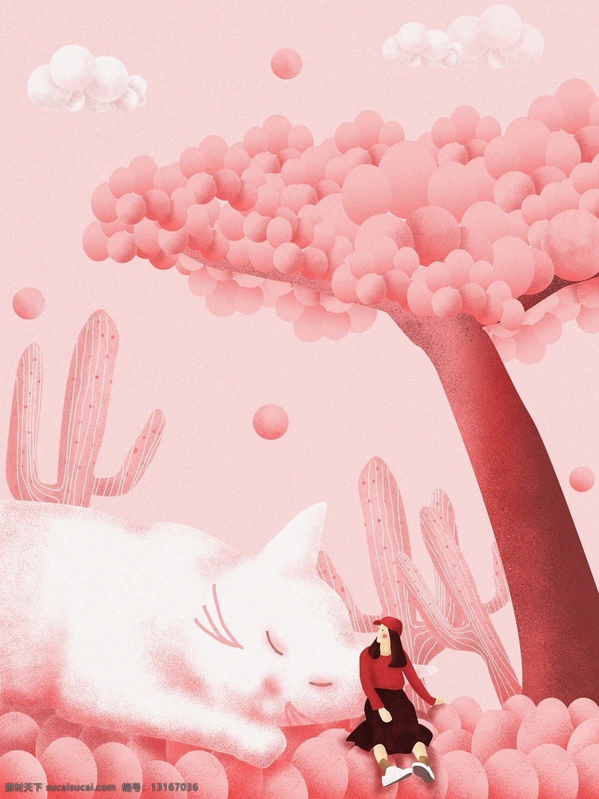 十二月 你好 原创 插画 猫咪 女孩 配图 壁纸 治愈 粉色
