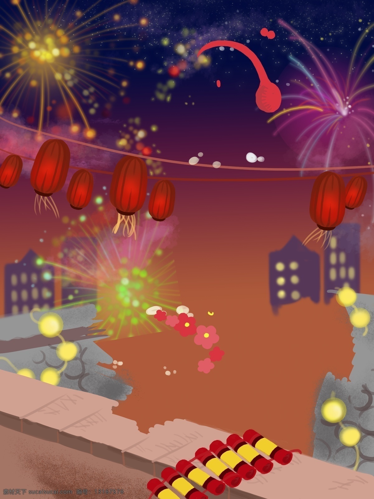 手绘 新年 放 烟花 背景 灯笼 鞭炮 新年背景 广告背景 手绘背景 psd背景 背景展板 特邀背景 促销背景