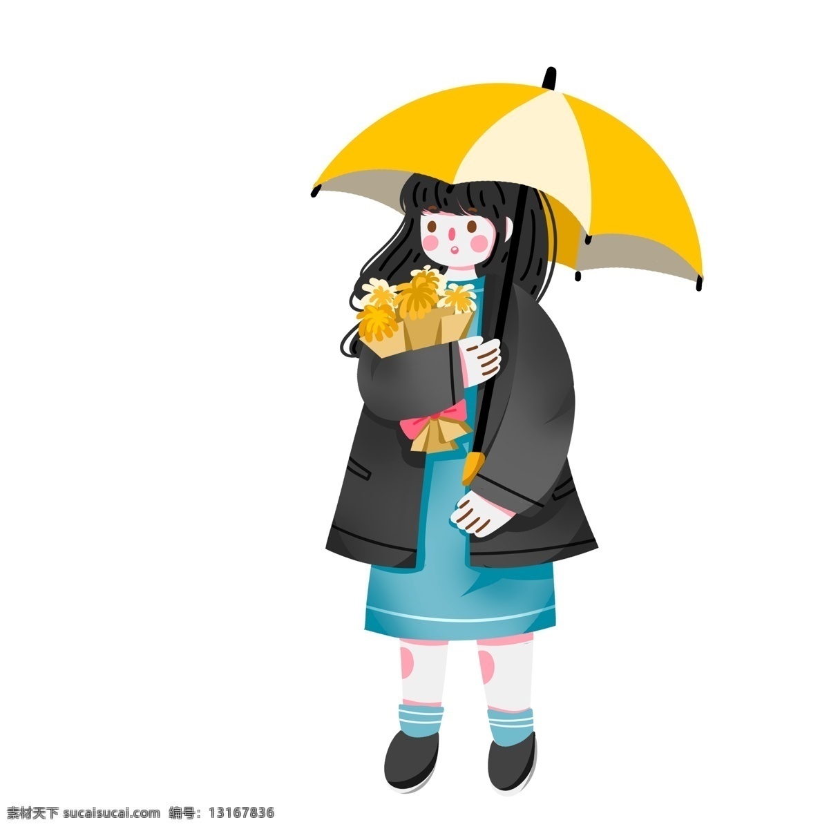 卡通 手绘 抱 鲜花 撑 雨伞 女孩 可爱 人物 插画 清明 祭祖 撑伞 小女生