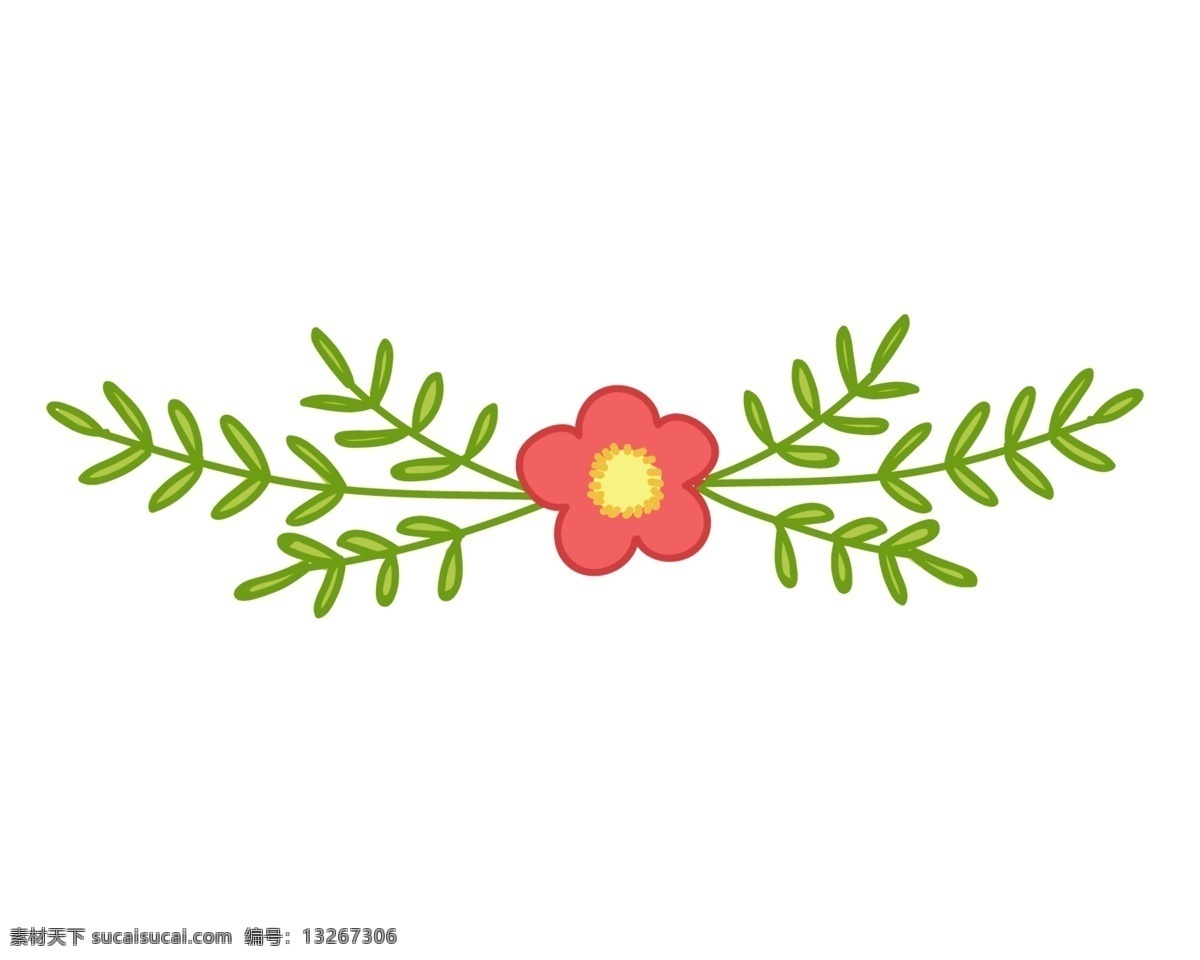 红色 小花 绿色 树叶 装饰 边框 手绘 花朵 花卉 花边 小草 小清新 黄色 文本框 标题框 醒目 红色小花