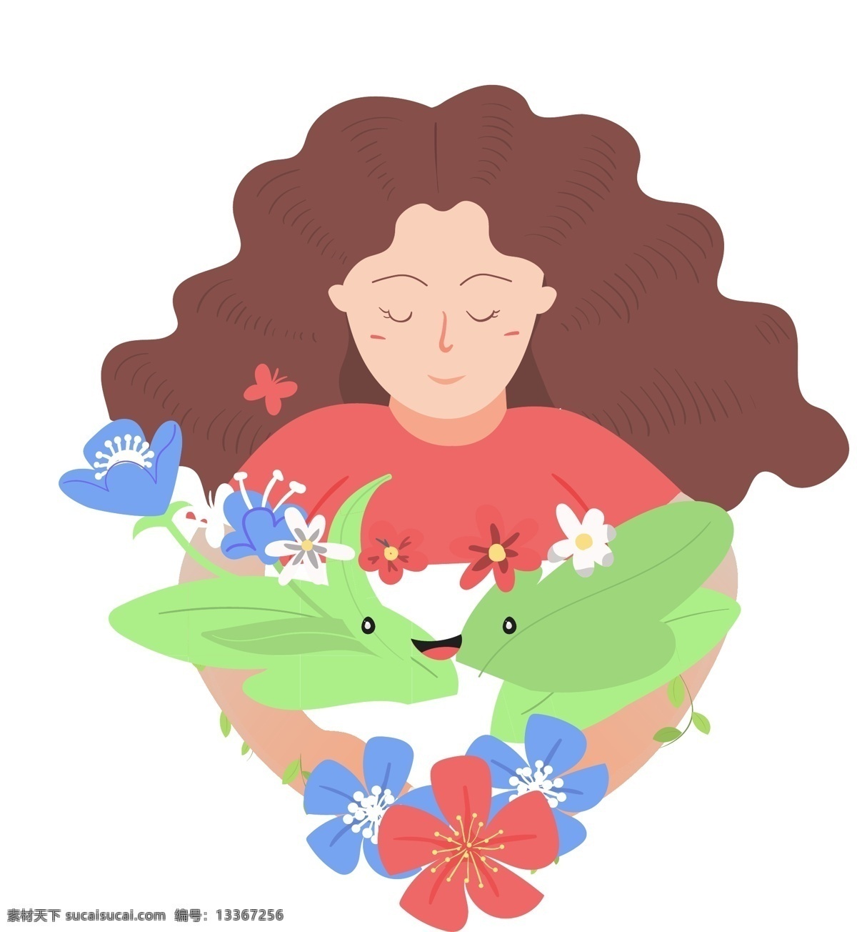 一个 鲜花 环绕 女孩 花园 鲜花环绕 红花 蓝花 绿叶 白色小花 闭眼 可爱 唯美 小清新 美女