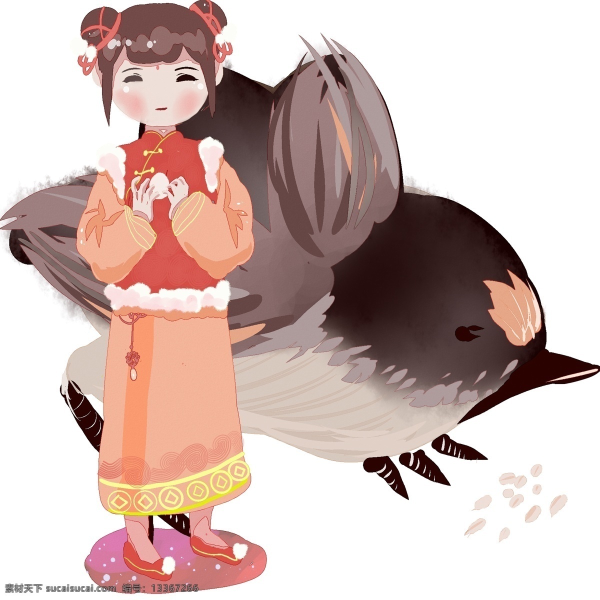 元旦 时节 喜鹊 小女孩 拜年 节日 欢庆 团聚 家人 团圆 卡通风 传统习俗 可爱 童话风格 暖色系 插画 壁纸 装饰画