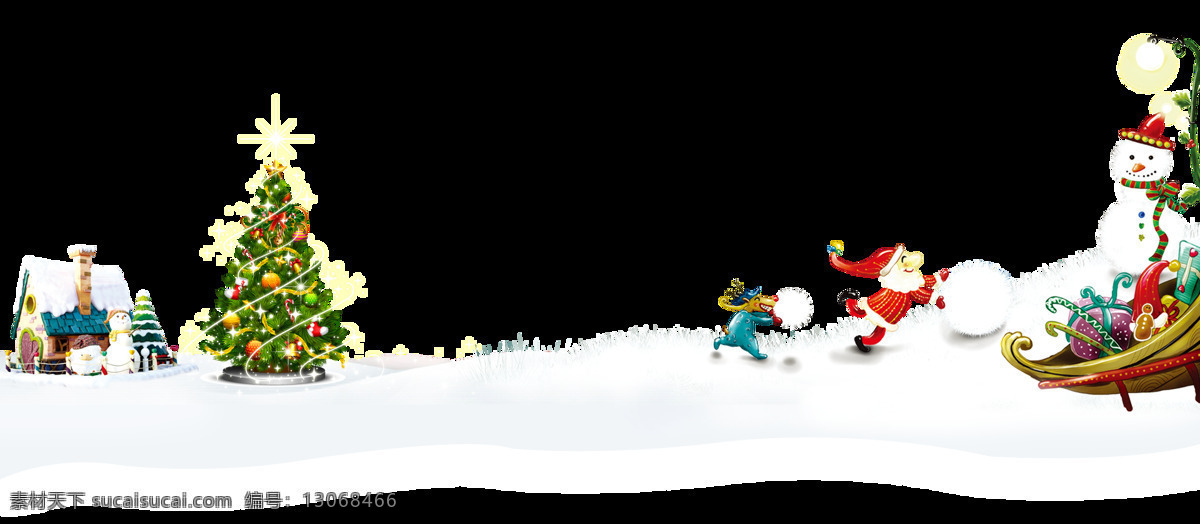 手绘 圣诞节 装饰 元素 村庄 大雪 松枝 圣诞树 雪橇 免抠