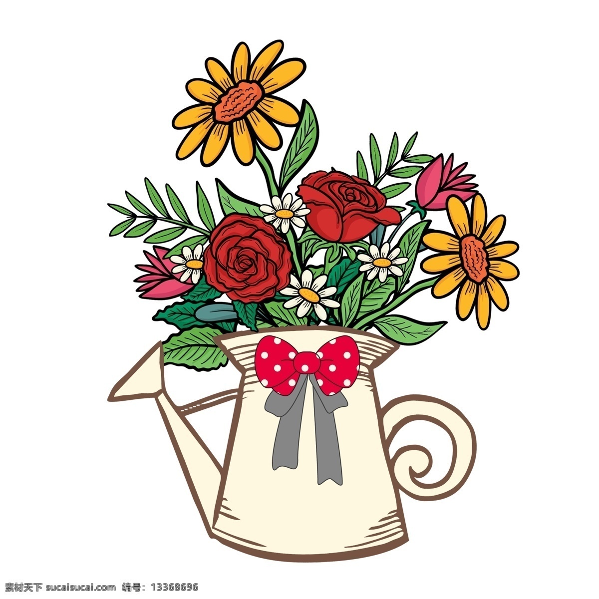 向日葵 洒 水壶 插花 红玫瑰 洒水壶 雏菊 花卉手绘 装饰图案