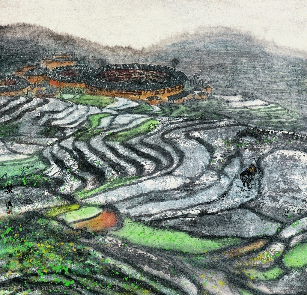 福建客家土楼 惊蛰时节 土楼 惊蛰 时节 瓦盖 瓦片 土楼美术作品 水墨画 水墨风景画 中国画 土楼美术题材 土楼绘画作品 世界文化遗产 世界遗产名录 福建旅游胜地 福建 客家 美术作品 绘画书法 文化艺术