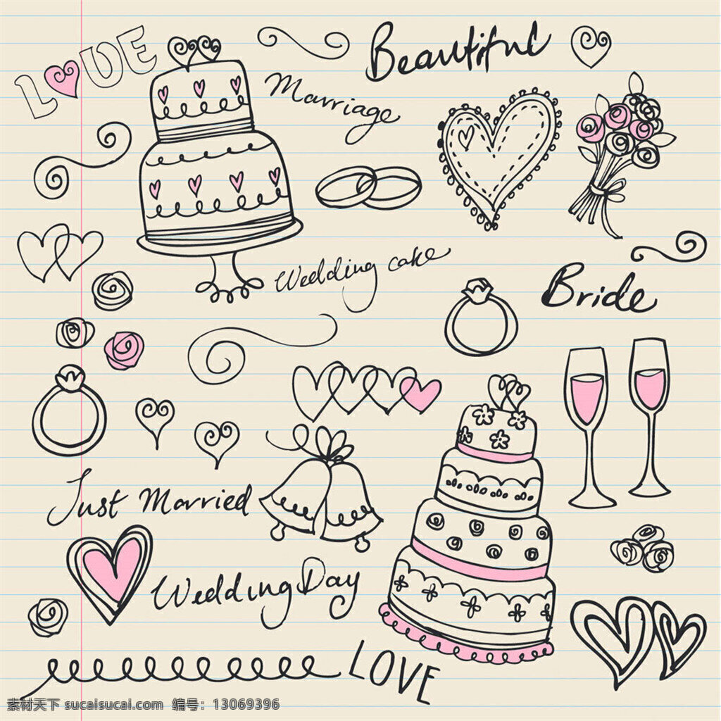 手绘 婚礼 插画 蛋糕 酒杯 花纹 结婚 婚礼背景 其它节 节日素材 矢量素材