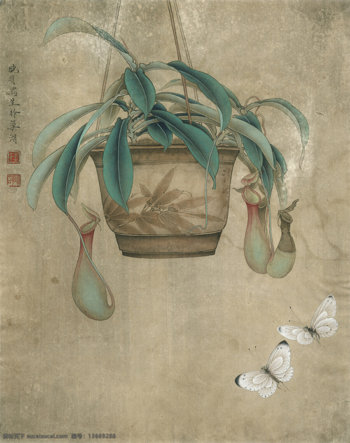 和风图 国画 工笔画 水墨画 花叶 花盆 蝴蝶 绘画书法 文化艺术 李晓明 工笔 花鸟 高清 图