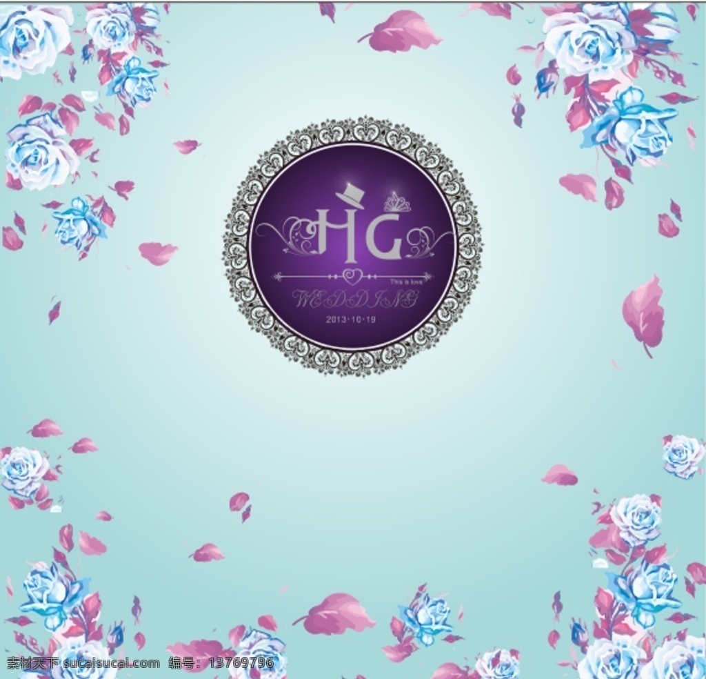 婚礼背景 花朵边 蓝色 婚礼logo 欧式 浪漫 梦幻 田园