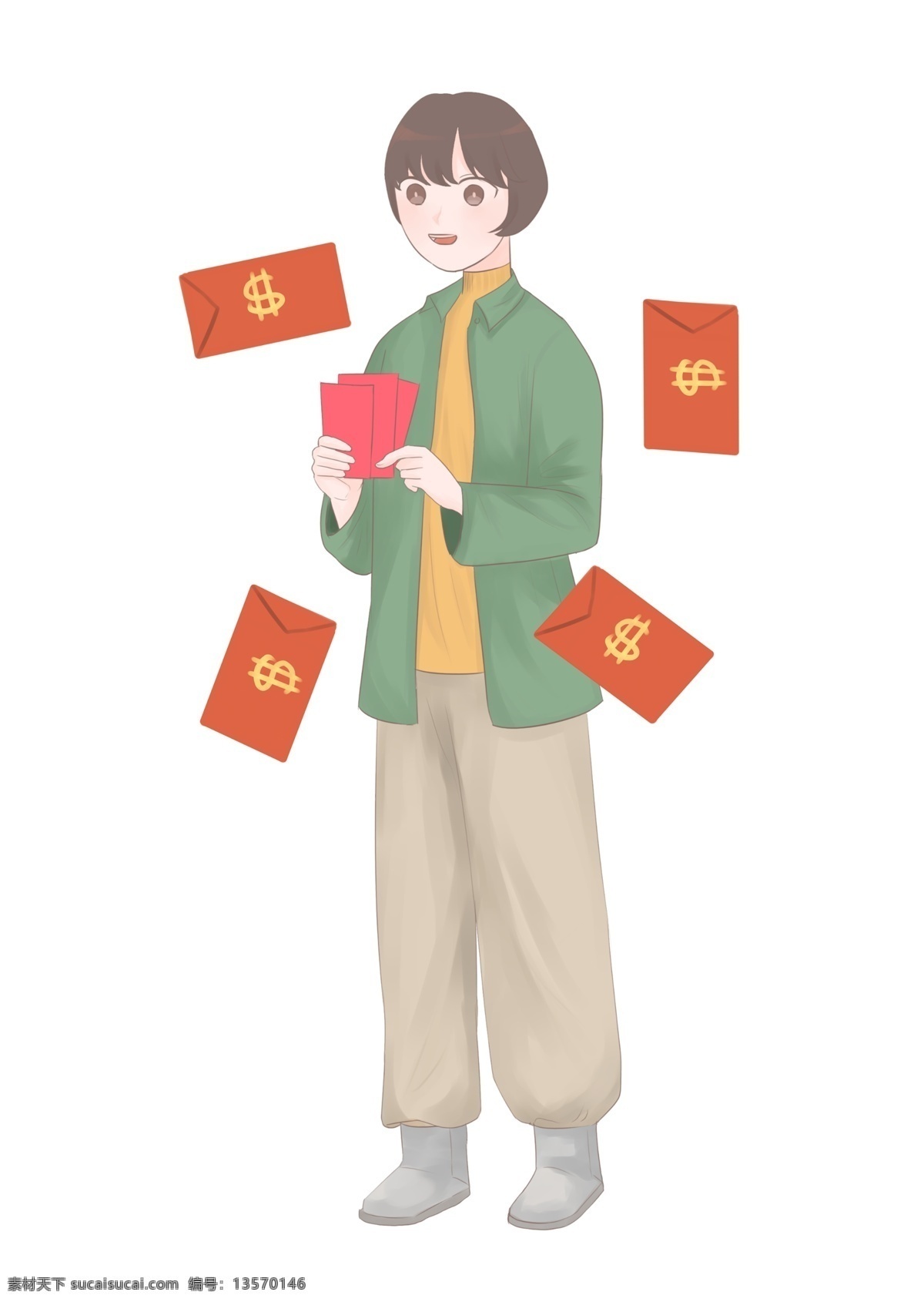春节 人物 红包 插画 漂亮的小女孩 红色的红包 手绘红包 卡通红包 手绘 金色 花纹