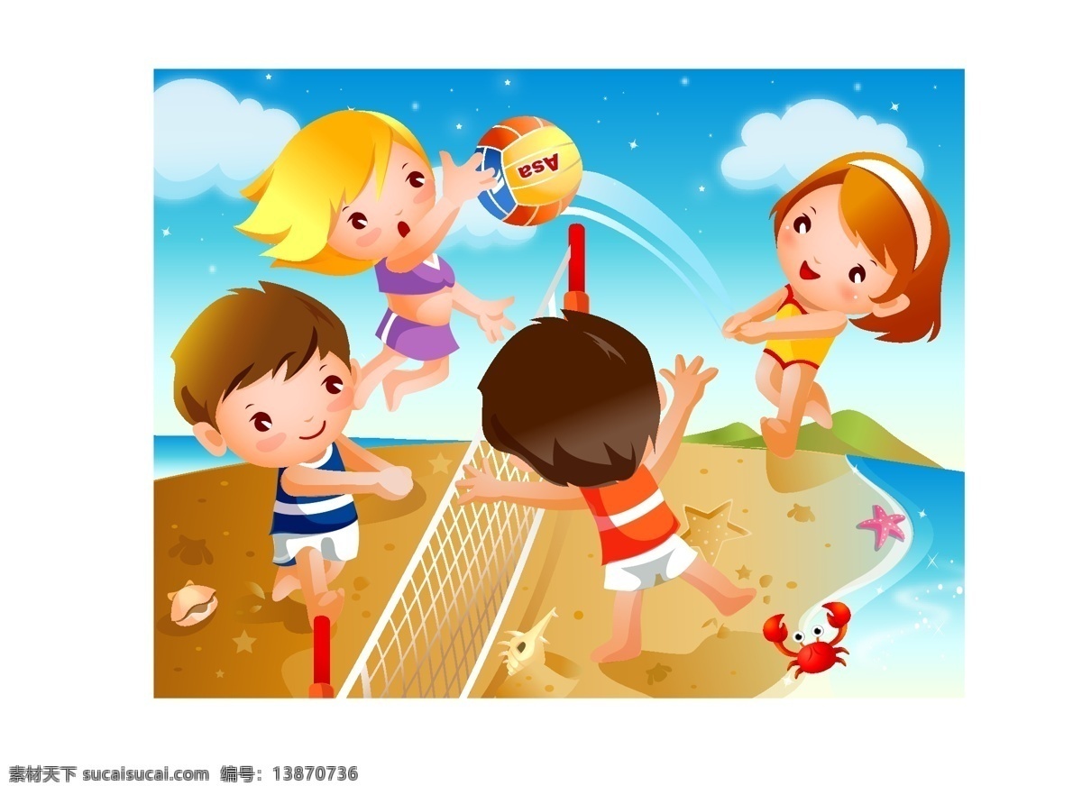 小朋友 沙滩排球 沙滩 排球 运动 螃蟹 海边 蓝天 白云 海景 排球运动 矢量人物 儿童幼儿 矢量图库