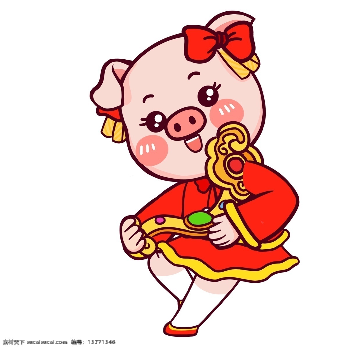 喜庆 过年 玉 如意 猪 女孩 中国风 春节 插画 可爱 手绘 潮漫 漫画 猪猪女孩 玉如意 新春 新年 猪年 2019年 小猪形象 猪年形象